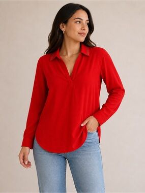Bright Red Studded Collar Blouse | Size M | Lightweight Dressy Top